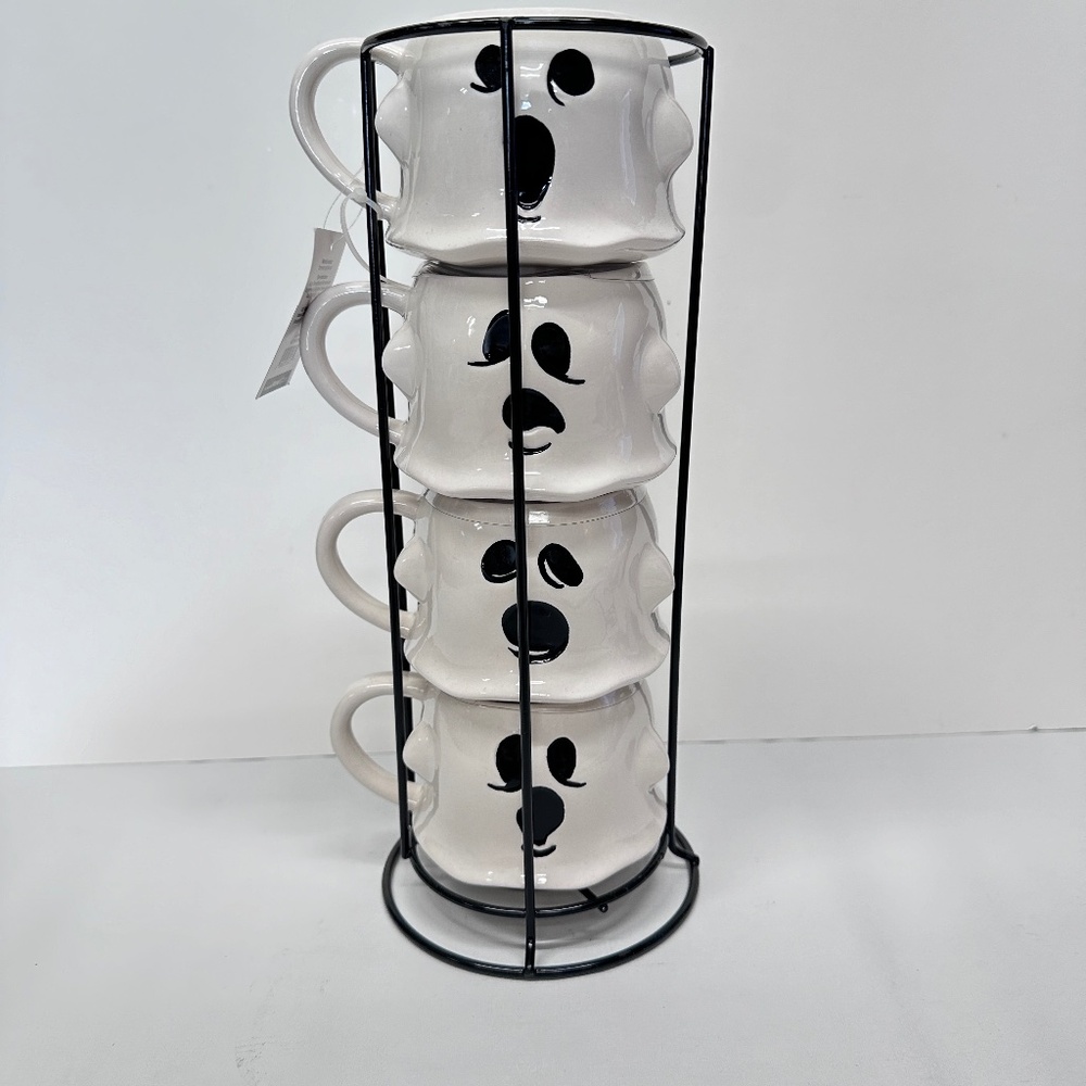 Set of 4 Stackable Ghost Mugs in Wire Rack NEW  Halloween